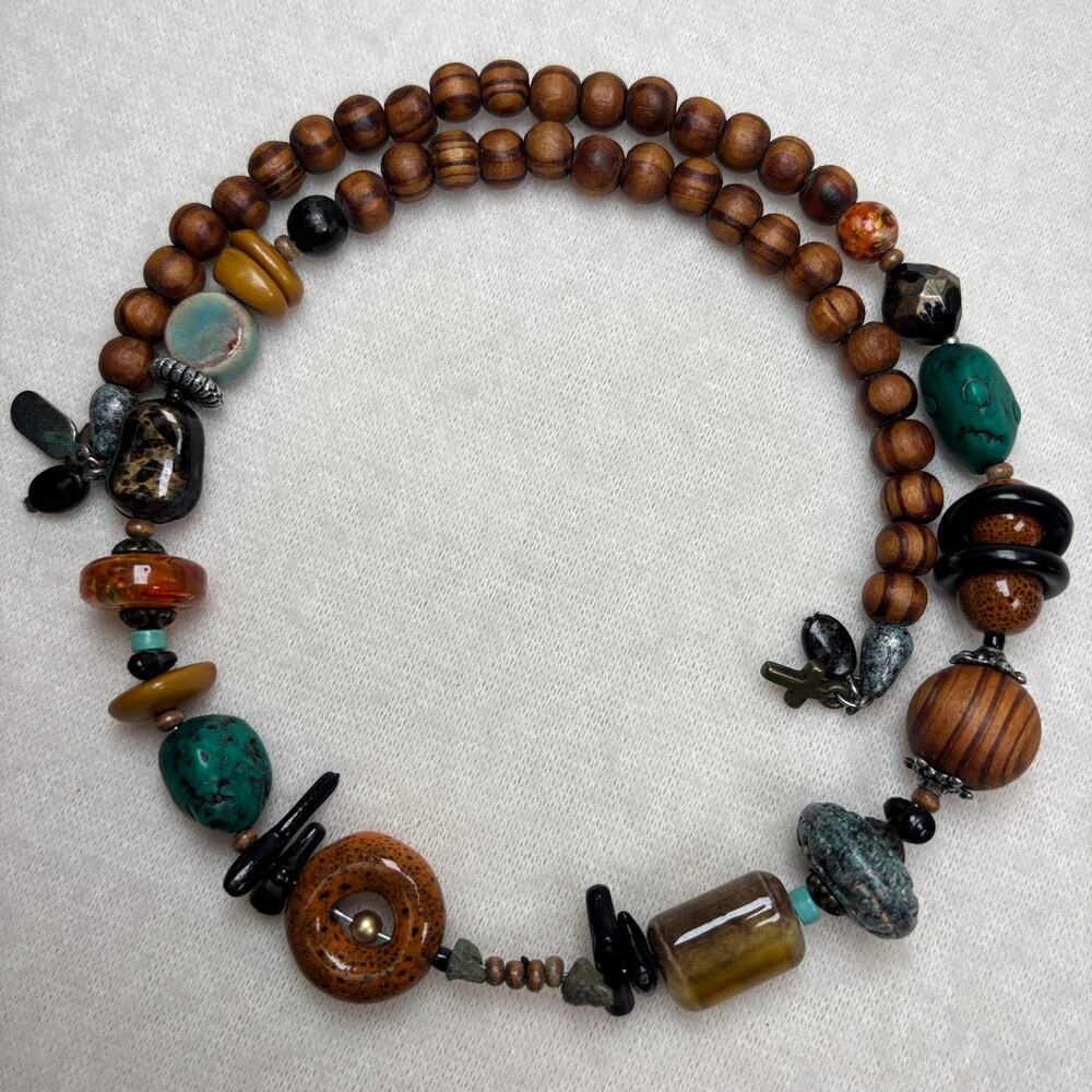 Treska Beaded Wrap Choker Necklace Multicolor Earthy Boho Wood Stone Cross